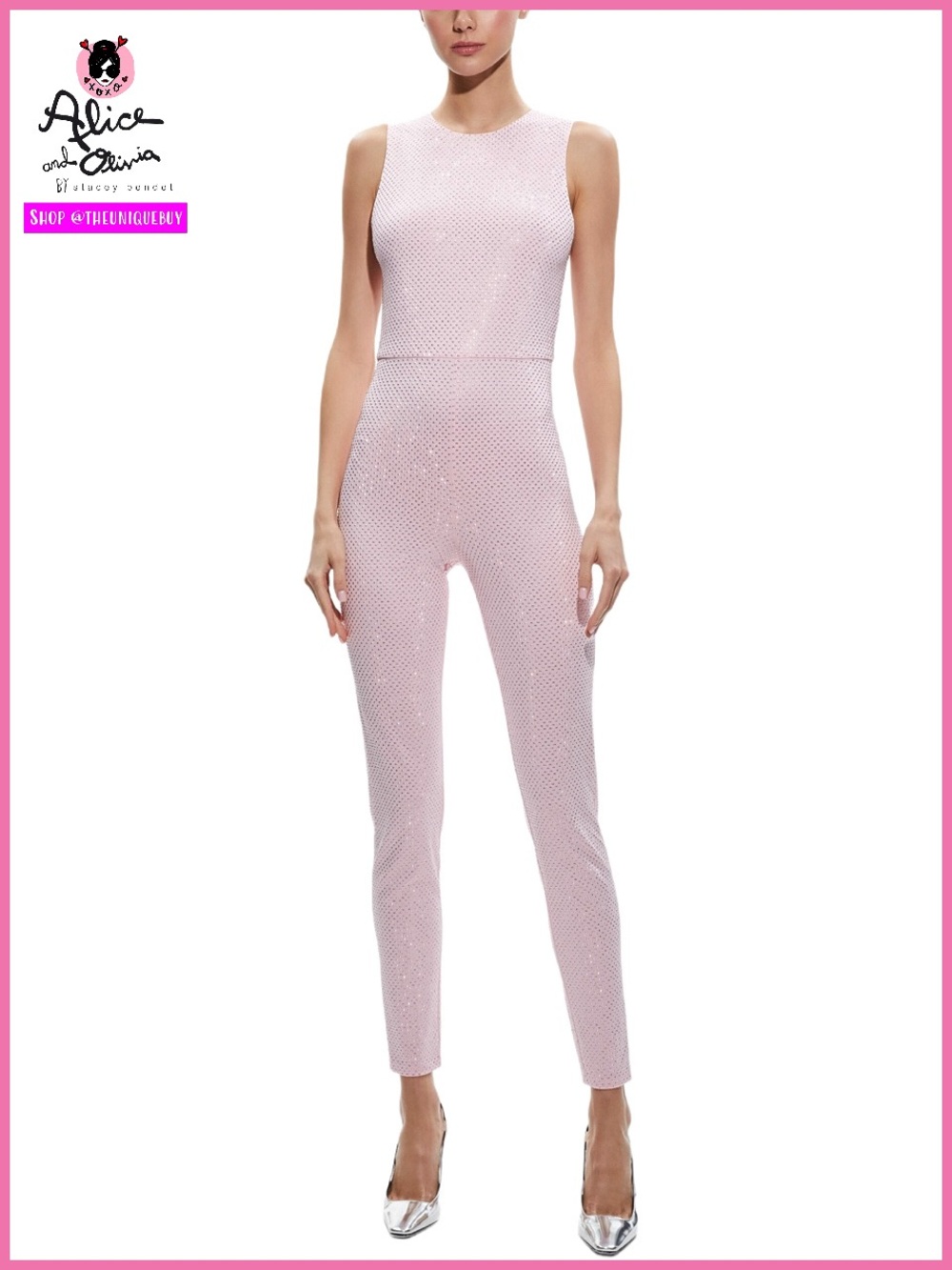Alice + Olivia Freddie Crewneck Pink Embellished Catsuit Jumpsuit